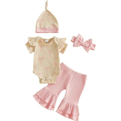 Twopumpkin Premmie Newborn Baby Clothes Girl 0 3 6 9 Month Outfits Ribbed Romper Bell Bottoms Pants Hat Headband 4PCS Sets