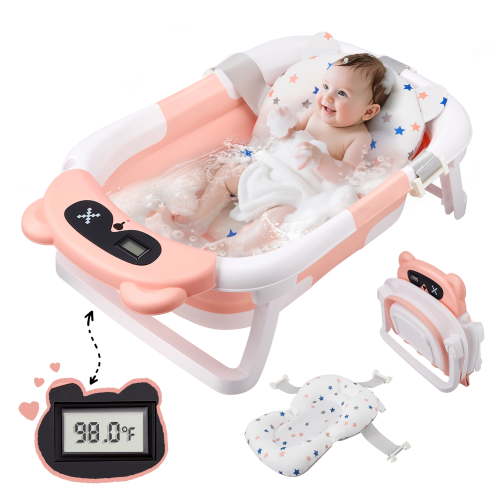 Doulami Baby Bathtub for Infants Collapsible Baby Tubs for Newborns with Cushion and Thermometer, 0-36 Month(Pink)