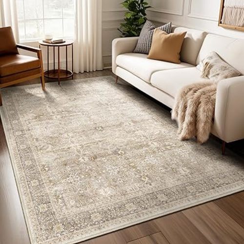 Neutral Beige 5x7 Area Rugs for Living Room Bedroom, Washable Non Slip Low Pile Thin Soft Carpet Rugs for Dining Room/Kitchen/Home Office/Nursery, Vintage Earth Tone Rug with Decorative Fringe