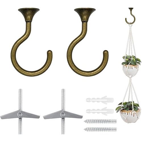 2 Sets Heavy Duty Swag Ceiling Hooks for Hanging Plants with Hardware, Cavity WallFixing, Easy to Install, Holds Up to 30 lbs, Antique Brass for Home & Garden