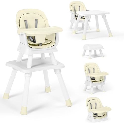 Baby High Chair, 8 in 1 Convertible Highchairs for Babies and Toddlers, Children Dining Booster Seat/Kids Building Block Table for Girls Boys, Baby Seat with Removable Tray, Beige