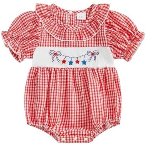 Baby Girl Easter Outfit Bunny Embroidery Bubble Romper Ruffle Short Sleeve Plaid Bodysuit Smocked Baby Clothes