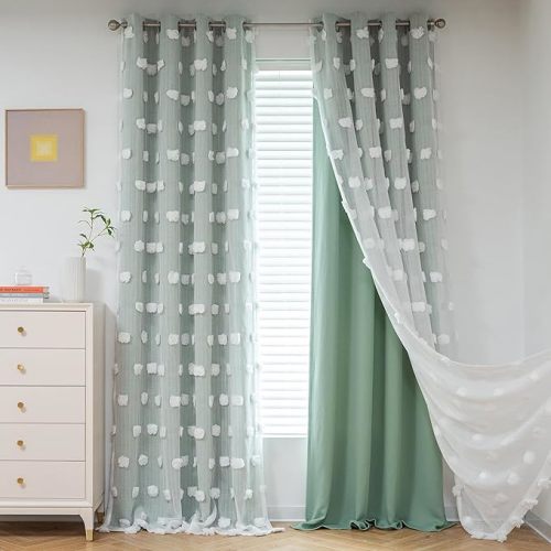 MYSKY HOME Aqua Living Room Curtains Kids Curtains for Boys Bedroom 84 Inches Long Double Layer Curtains for Kids Room Darkening Grommet White Pom Pom Sheer Blackout Curtains 52 x 84 Inch 2 Panels