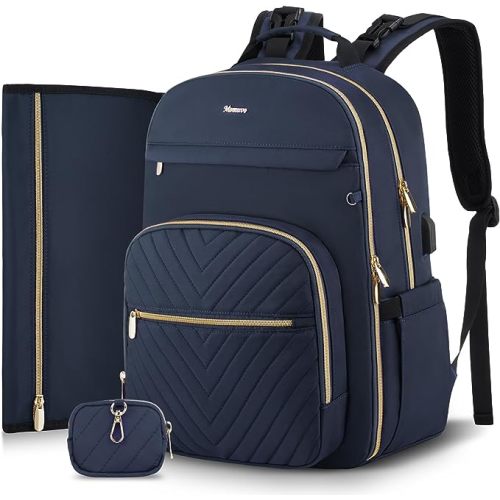 MOMUVO Diaper Bag Backpack, Quilted Baby Bag with Changing Pad & Stroller Straps & Pacifier Case, Large Travel Diaper Bags for Mom Dad, Blue