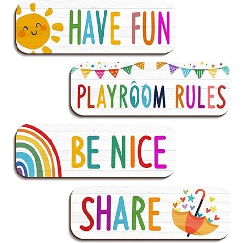4 Pcs Playroom Sign Kids Playroom Wall Decor Playroom Rules Quotes Sign Be Nice Share Have Fun Wooden Hanging Wall Art Colorful Art Wall Plaque Playroom Decor for Little Boys Girls Bedroom (playroom