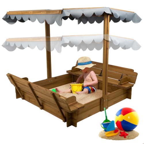 PETSCOSSET Wooden Sandbox with Lid, Adjustable Canopy, Sturdy Wood, Bottomless Design for Kids Ages 2-8