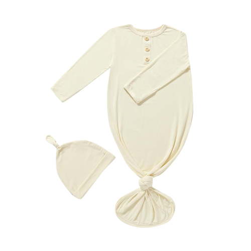 Lenpel Newborn Baby Knotted Gown Girl Boy Soft Long Sleeve Solid Color Nightgown Unisex Sleepsuit with Hat 2 Pcs Set