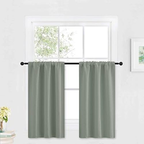 Grayish Green Short Curtains Blackout, 30 inch Durable Curtains W29 x L30 inch, 2 Panels