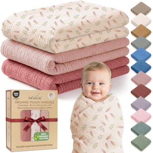 100% Organic Cotton 3 PK Baby Muslin Blanket Girl Gift 38x40 Inch | Oeko-TEX Certified, Swaddling Blanket, Baby Muslin Swaddle Blanket, Girl Swaddle Blankets, Pink/Floral/Rust, For Baby G