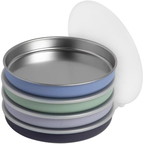 Elk and Friends 7.8” Stainless Steel Non Divided Plates with Silicone Sleeve + Storage Lid | Baby, Toddler, Kids | Dishwasher Safe | Dinner & Snack Plates | 4 Pack