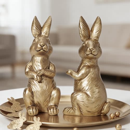 DN DECONATION Easter Decorations Bunny Figurines Set of 2 - Gold Rabbit Statues Farmhouse Spring Vintage Home Decor, Resin Easter Tabletop Antique Decor for Shelf, Mantel, Coffee Table
