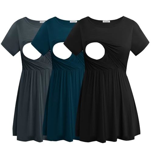Smallshow Women's Nursing Tops Short Sleeve Breastfeeding Shirt 3 Pack | double layer,easy breastfeeding
