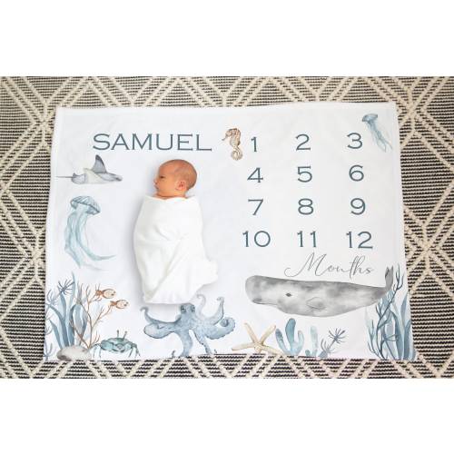 Under the sea milestone blanket, Whale baby gift, Ocean Milestone, Boy Monthly Blanket, Expecting mom gift, Baby Growth Tracker - Deep Ocean