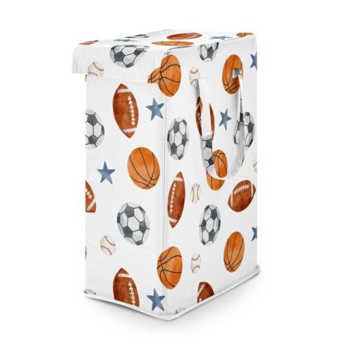 Sweet Jojo Designs Boy Foldable Laundry Hamper with Handles Watercolor Sports Theme Blue Brown and Orange