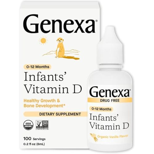 Genexa Infants Vitamin D Liquid Drops for Newborn, Baby & Toddler | Supports Growth & Bone Development | Delicious Organic Vanilla Flavor | Certified Organic, Gluten Free, & Non-GMO | 90 Servings