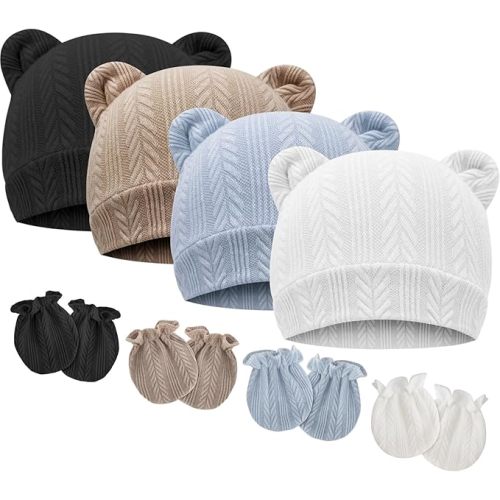 BQUBO Newborn Baby Hats Bear Ears and Mittens Sets Preemie Caps Baby Boy Girl Infant Hospital Beanie for 0-3 Months