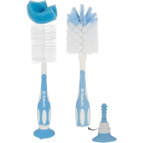 Dr. Talbot’s Bottle and Nipple Brush, Soft Nylon Bristles, Sponge Top, Handle with Suction Base, 2 Pack, Blue