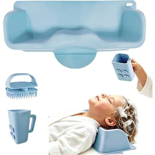 Portable Hair Washing Station for Kids,Children, Pregnant women,Seniors.Neck Support Silicone Shampoo Bowl for Sink or Bathtub,Attached Shampoo Brush and Baby Bath Rinse Cup (Blue)