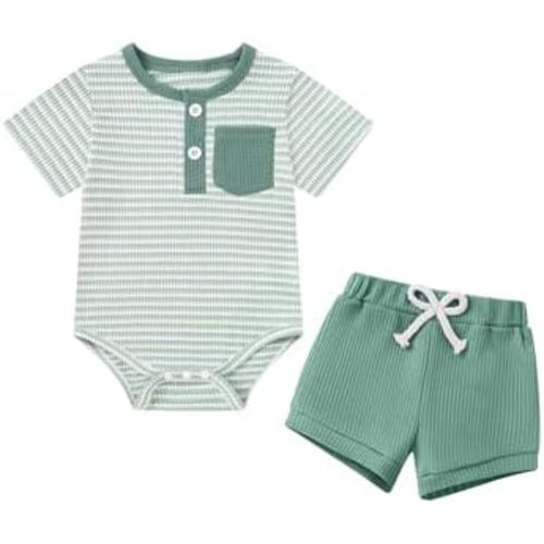 Coco&RARA Baby Boy Clothes Striped Short Sleeve Romper With Pocket Buttons Shorts Set Newborn 3 6 12 Months Baby Boy Outfits