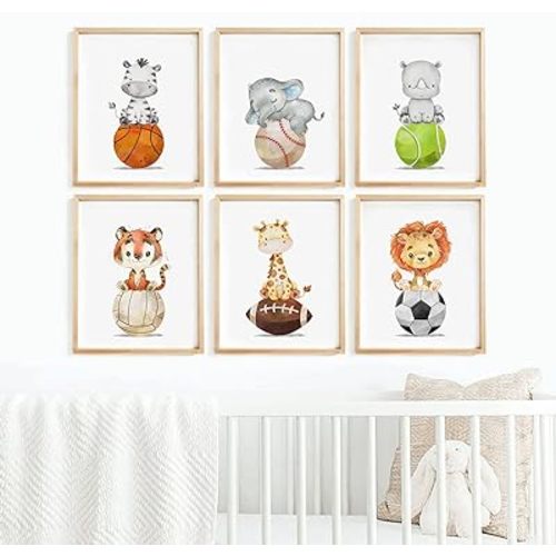 Baby Boy Wall Art Nursery Sports Decor Safari Animal Canvas Wall Art Woodland Baby Boy Room Poster Prints Nursery Artwork Pictures for Bedroom 12x16 set of 6 Inch UNFRAMED