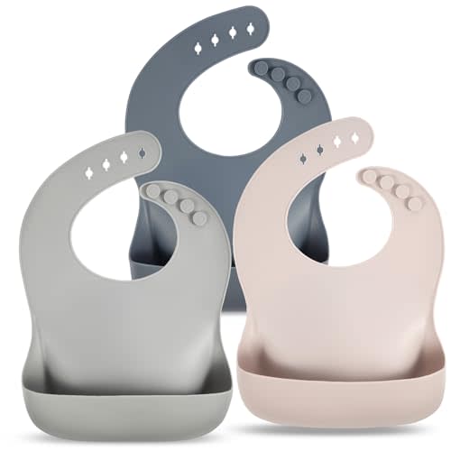 Eascrozn Silicone Bibs for Babies Toddler Set of 3, BPA Free, Soft Adjustable Waterproof Bibs for Feeding Essentials