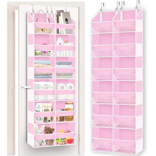 Over The Door Organizer 6 Tiers, Extra Large Behind Door Storage of 12 Compartments, 80 lbs Weight Capacity Hanging Storage Organizer with Clear Window Kids Toys,Shoes,Diapers,Room Storage,Pink