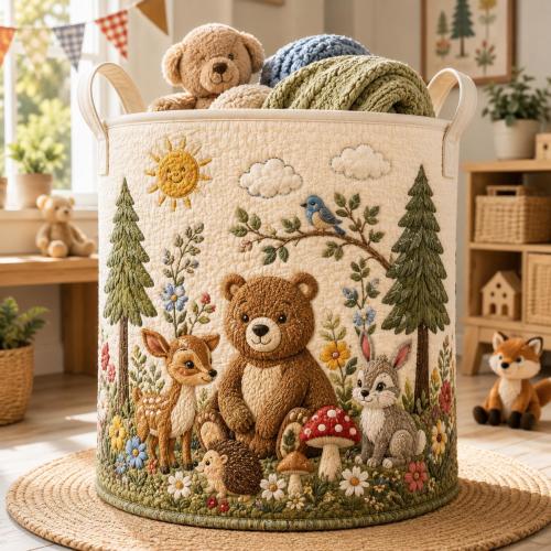 Quilted Laundry Bag Woodland Animals Basket, Bear Deer Rabbit Nursery Decor, Forest Storage Bin, Kids Room Gift