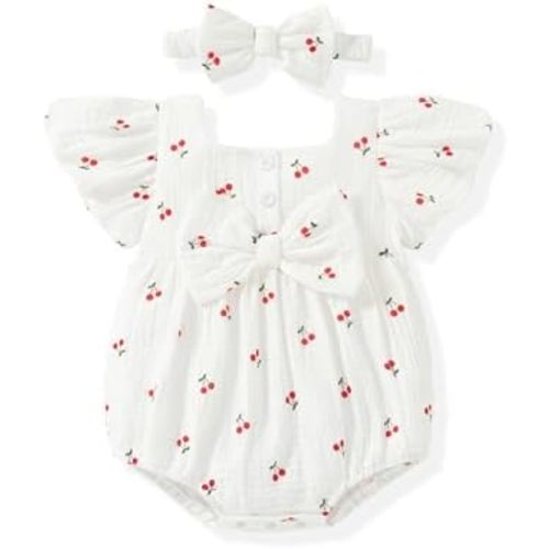 Vibebox Baby Girl Clothes Short Sleeve Bubble Romper Newborn Girls Spring Summer Bows Jumpsuits with Elastic Headband Outfit