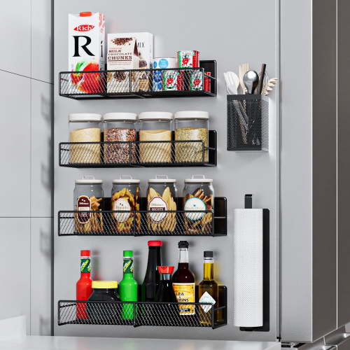 TINANA Magnetic Spice Rack, Refrigerator Organizer, 6 Pack Metal Black Magnetic Shelf with Paper Towel Holder, Utensils Holder, Strong Magnets, Space Saving