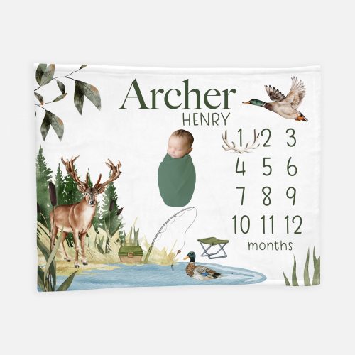 Hunting Milestone Blanket, Boy Milestone Blanket, Month Baby Blanket, Buck and Duck Hunting Fishing Baby Blanket, Hunting Nursery W48