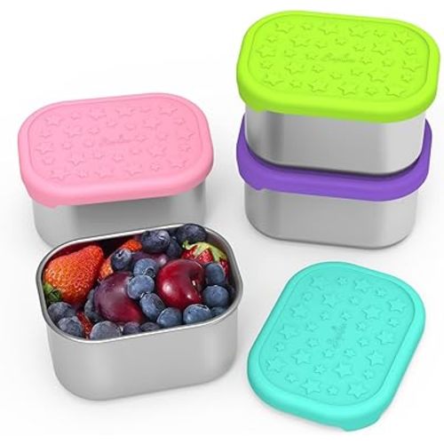 SOPHICO Stainless Steel Snack Containers for Kids, 8 oz Small Food Storage Container 1 Cup with Silicone Lid - Perfect 304 Metal Toddler Lunch Box for Daycare and School, Leak Proof (MIX, 4 PACK)