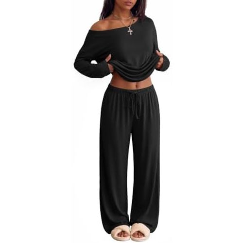 Ekouaer Womens Pajama Sets Off Shoulder Lounge Set 2 Piece Long Sleeve PJs
