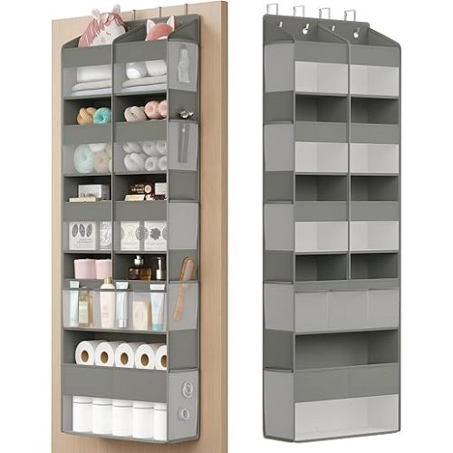 SONGMICS Over-the-Door Organizer, 9-Compartment Door Hanging Storage Shelf, Foldable Closet Hanging Organizer, Heavy-Duty, Metal Hooks, Transparent, Dove Gray URDH009GD01