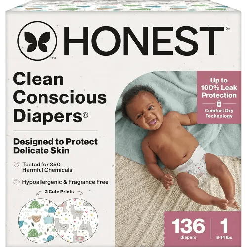 The Honest Company Comfort Dry Disposable Daytime Diapers for Sensitive Skin, Hypoallergenic, All the Alpacas + Turtle Time, Super Club Box Size 1 (8–14 lbs), 136 Count