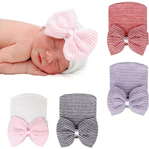 DRESHOW BQUBO 4 Pack Newborn Hospital Hat Infant Baby Hat Cap with Big Bow Soft Cute Knot Nursery Beanie