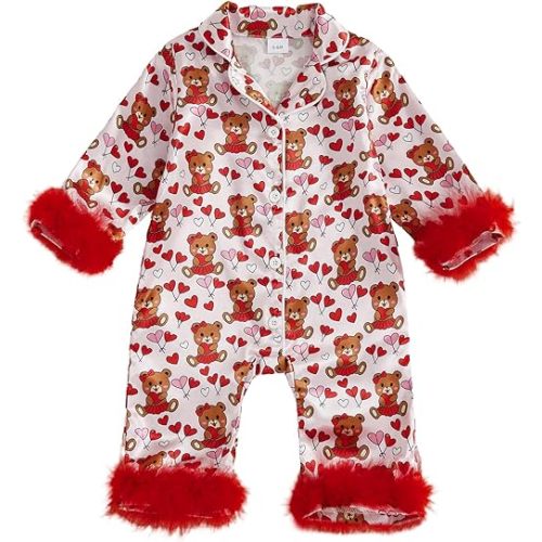 Baby Girl Button Down Valentines Day Pajamas Romper One-Piece Jumpsuit Long Sleeve Bear Sleeper Infant Sleepwear