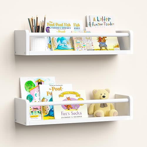 upsimples 2 Pack Nursery Book Shelves, 15.7 Inch Floating Bookshelves for Wall, Baby Nursery Decor, Small Solid Wood Wall Mounted Shelves for Baby Kids Boys Girls, White