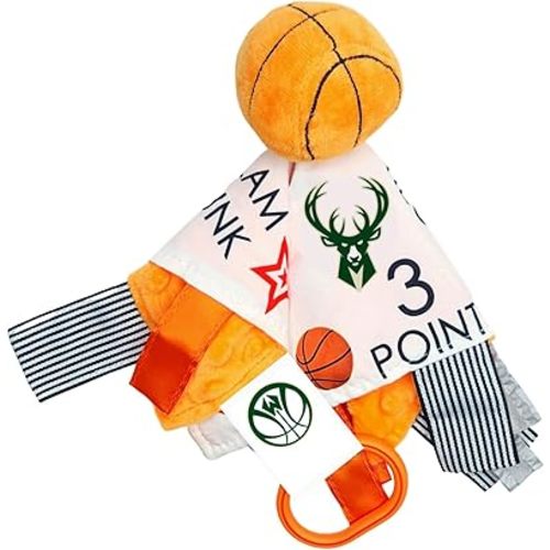 The Learning Lovey Milwaukee Bucks Baby Tag Toy - NBA Basketball - Baby Sensory Crinkle Toys - Soft & Safe - Ideal Baby Stroller Toy - BPA Free w/Stroller Clip