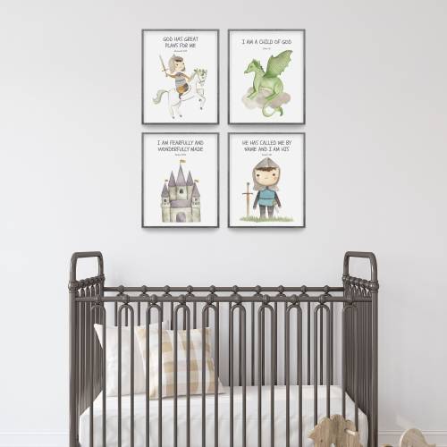 Christian Nursery Decor, Kids Bible Verse Wall Art, Baby Boy Nursery, Scripture Print, Watercolor Knight Dragon Castle, Set of 4 Fairy Tales
