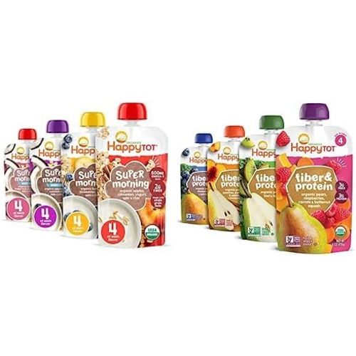 Happy Tot Organics Super Morning Variety Pack, 4 Ounce Pouch (Pack of 16) & Stage 4 Fiber & Protein 4 Flavor Variety Pack (Pack of 16)