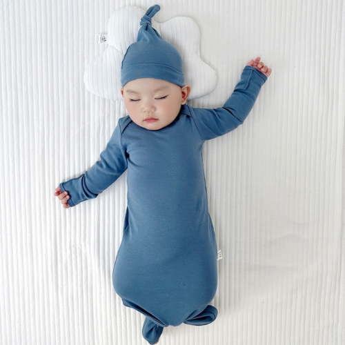 Baywell Newborn Baby Knotted Gown Swaddle Wrap Knotted Sleepwear Sleeping Bags with Hat, Soft Infant Long Sleeve Sleeper Coming Home from Hospital Outfit Grey Blue