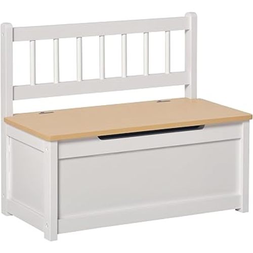 Qaba Toy Box Chest Kids Storage Bench Top Lid 24" x 12" x 20" White