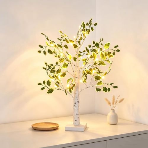 Birch Tree Lights 2ft, LED Fairy Light Tree with Green Leaves, USB/Battery Powered Tabletop Decor for Christmas, Home, Office, Spring,Wedding