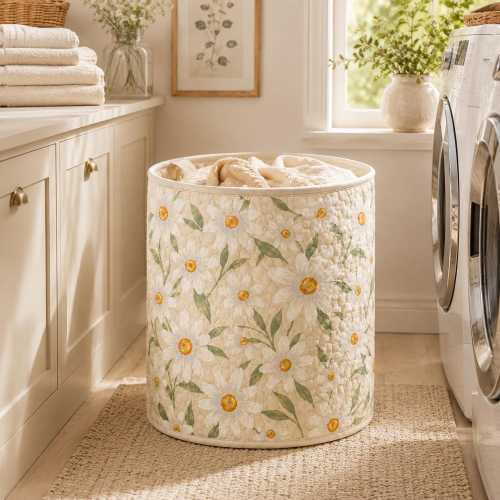 Daisy Laundry Basket, Quilted Fabric Hamper, Floral Storage Bin for Nursery , Cottagecore Home Decor,Rustic Home Decor Mom Gift