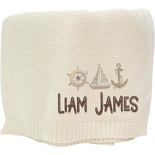 Personalized Nautical Baby Blanket – Custom Embroidered Anchor and Sailboat Design, Coastal Vintage Style, Baby Name Blanket for Nursery Decor