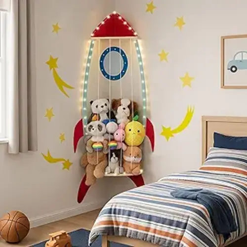 PUTSKA Nursery Furniture Hanging Organizer – Wall Mounted Stuffed Animal Storage for Baby Room, Corner Plush Collection Display & Nursery Organization System, Space-Saving Vertical Storage - Spaceship