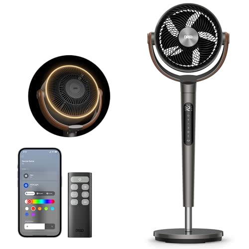 DREO Smart Fan for Bedroom with RGB LED, 150°+120° Omni-directional Oscillating, Quiet Fan, 100ft Air Circulator Pedestal Fan with DC Motor, 12 Speeds, 6 Modes, 37-42'' Height, Wi-Fi/Voice/Alexa, grey