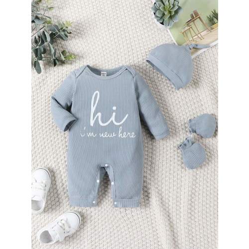 SHEIN Baby Boy Slogan Graphic Ribbed Knit Jumpsuit & Hat & Bib & Gloves | SHEIN USA