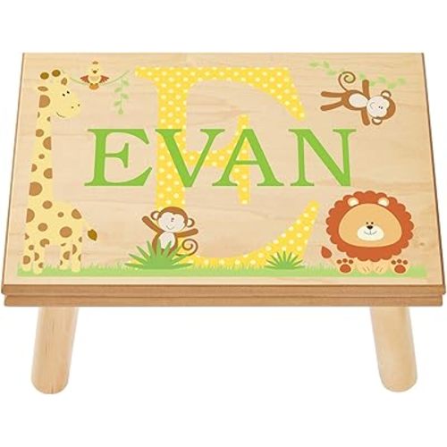 Let’s Make Memories Personalized My Own Name Step Stool - Children’s Step Stool - Sturdy Wood – Non-Toxic Paint, Sealer - Jungle Design - Natural - 14’Wx9.25”Lx8.75”H - Ages 3+