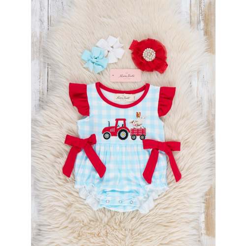 Little Tractor Helper Embroidered Plaid Ruffle Bubble Romper
